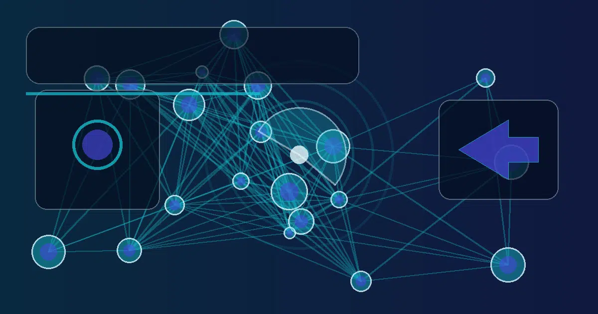 Abstract navy-and-teal Softix illustration with a stable Stay node, Meter gauge rings, and a Migrate pathway arrow for billing architecture