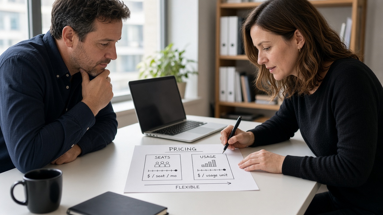 US SMB founder and Softix engineer reviewing a SaaS MVP statement of work that separates seat plans from usage meters